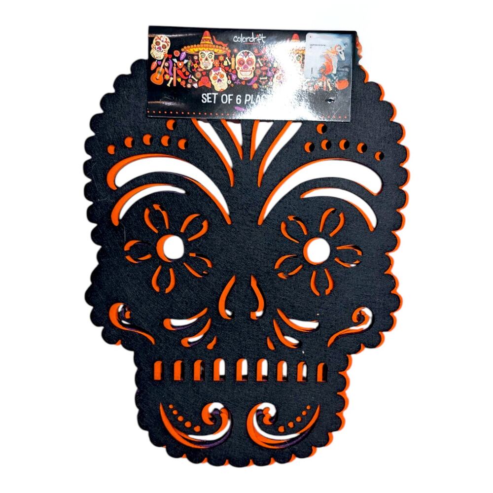 Day of the Dead Sugar Skull Purple Orange‎ Black Felt Placemats Set of 6 New